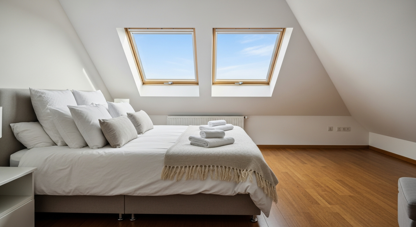 Beautiful loft bedroom with Velux windows